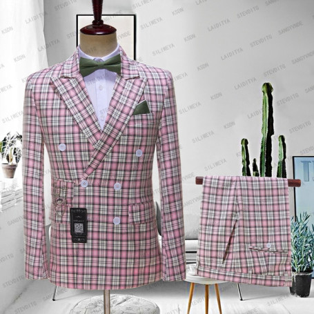 Pink Lattice Formal Business Mens Suit Set Groom Wedding Dress Double Breasted 2pces( Jacket+Pants)