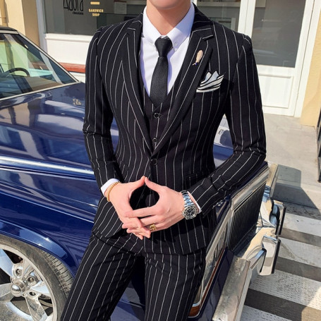 Men's Suit Solid Color Business Formal Three-piece Korean Version of Youth Dark Stripe One Button Groom Best Man Wedding Dress