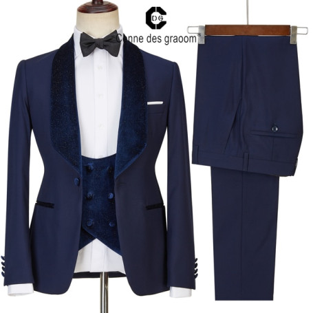 Navy Blue Shiny Velvet Lapel Suits For Men GiftWedding Party Blazer Vest Trousers 3 Pieces Set