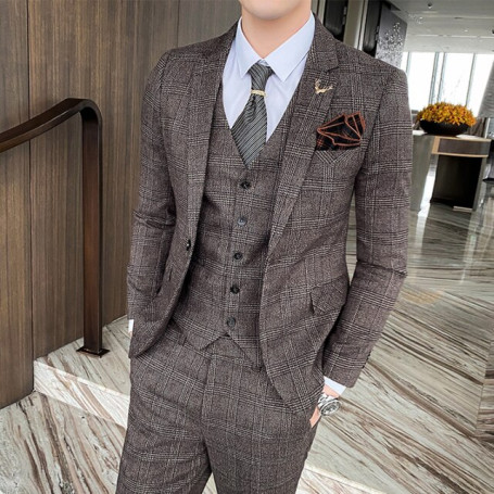 (Blazers+Vest+ Pants) Spring New Fashion Gentleman Men's Plaid Leisure Suit Jacket Sets England Simple Groom 3 Piece Tuxedo 5XL