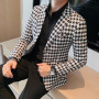 British Style Mens Houndstooth Slim Fit Blazers  New Simple Slim Fit Business Dress Coats Groom Wedding Tuxedo Suit Jacket