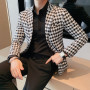 British Style Mens Houndstooth Slim Fit Blazers  New Simple Slim Fit Business Dress Coats Groom Wedding Tuxedo Suit Jacket