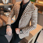 British Style Mens Houndstooth Slim Fit Blazers  New Simple Slim Fit Business Dress Coats Groom Wedding Tuxedo Suit Jacket