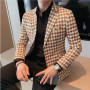 British Style Mens Houndstooth Slim Fit Blazers  New Simple Slim Fit Business Dress Coats Groom Wedding Tuxedo Suit Jacket