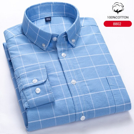 Men's Long Sleeve Shirts 100% Cotton Oxford Plaid Daily Regular Fit Easy Care Top Young Clothing Elegant Business Casual Shirt