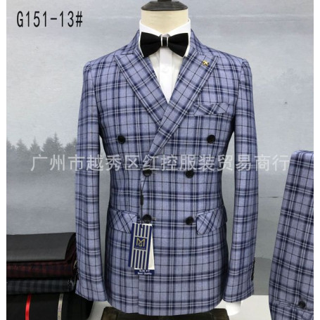 Fashion Plaid Mens Suit 2 Pieces Slim Fit Double Breasted Wedding Blazer Pants Set Business Printed Suits for Men Luxury Tuxedos