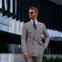 Classic Grey Plaid Men Suits Double Breasted Business Blazer Slim Fit Wedding Groom Tuxedo 2 Piece Set Jacket Pant Costume Homme