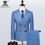 5XL Blazer Vest Pants Luxury High-end Brand Men's Slim Formal Business Blue Plaid Suit 3piece Groom Wedding Dress Party Tuxedo