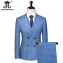 5XL Blazer Vest Pants Luxury High-end Brand Men's Slim Formal Business Blue Plaid Suit 3piece Groom Wedding Dress Party Tuxedo