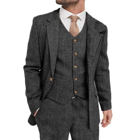 Brown Men's Business Suits Slim Fit Champagne Tuxedos Wool Blazer+Vest+Pant For Party Wedding Banquet Prom Stage Costume