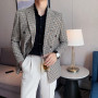 British Style Slim Fit Houndstooth Blazer For Men Fashion Double Breasted Business Office Wedding Dress Suit Jacket