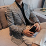 British Style Slim Fit Houndstooth Blazer For Men Fashion Double Breasted Business Office Wedding Dress Suit Jacket