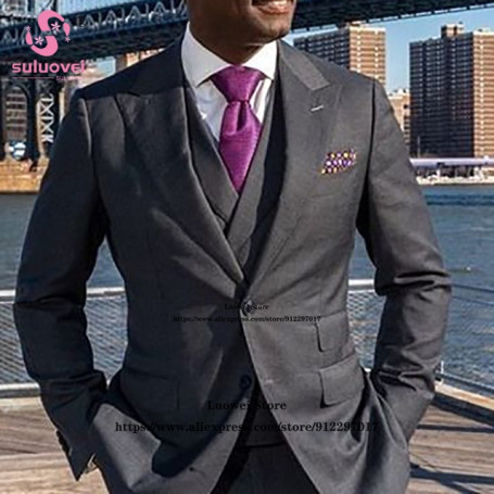 Classic Slim Fit Suits For Men Business 3 Piece Jacket Vest Pants Set Formal Grooms Wedding Peaked Lapel Tuxedos Terno Masculino