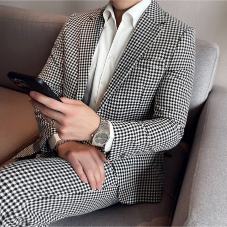 (Jacket+Pants) Luxury Houndstooth Mens Suits 2 Pieces Wedding Tuxedos Vintage Slim Fit Formal Man Set Groom Prom Business Suits