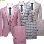 Red Striped Plaid Suit 3-piece Men's Wedding Party Dress Jacket and Pants Vest Fashion Slim Men Blazer Coat Trousers Waistcoat