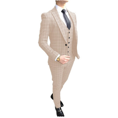 Men Suits for Weddin Formal 3 Pieces Tuxedos Costume Homme Business Suits Groom Check Pattern Tuxedos(Blazer+Pants+Vest)