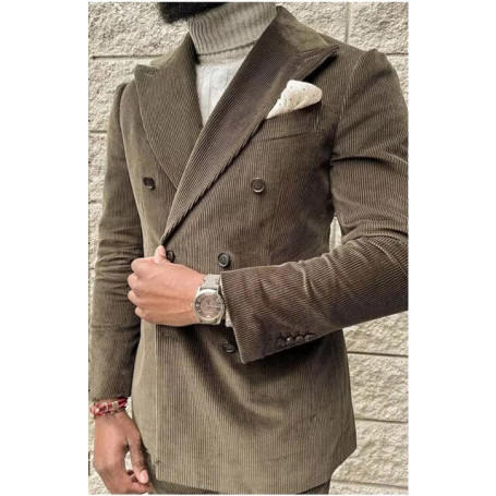 Corduroy Men's Suits 2 Pieces Double Breasted Peaked Lapel Costume Homme Slim Autumn Retro Tooling For Wedding Groom Jacket Pant