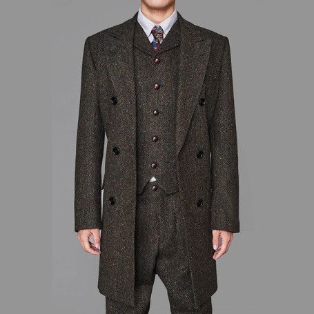 Men's Suits 3 Pieces Coffee Colorful Herringbon Tweed Business Suit Boutique Slim For Wedding Dress Suit Jacket + Vest + Pants