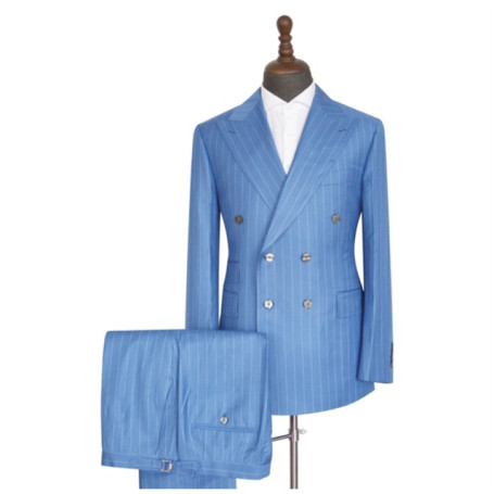 Blazer Sets Blue Stripe Wedding Men Suit 2 Pieces Double Breasted Male Jackets Fashion Peaked Lapel Coat Pants Latest Design New