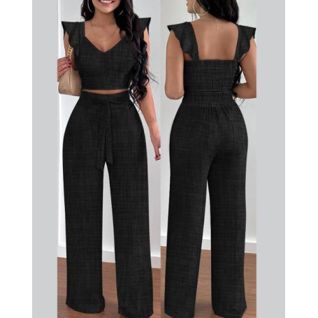 Two Piece Sets Womens Outifits 2023 Spring Fashion Shirred V-Neck Sleeveless Crop Top & Casual Pocket Design Wide Leg Pants Set