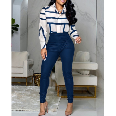 Women Chic Two Piece Set Outfits Striped Print Shirt & High Waist Pants Set Shirt Top Commuter Wear