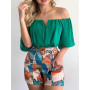 Off Shoulder Ruched Top & Tropical Print Shorts Set With Belt Women Summer Two Piece Set