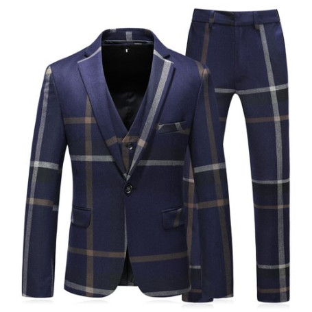Jacket Vest Pants  High Quality Men Suits Fashion Grid Men Slim Fit Business Groom Wedding Plaid Blazers Coat 3 Pieces Sets