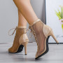 Sandals Hollow Mesh Heels women's Shoes Summer Trend Black Lace-Up Sexy Peep Toe Boots Stilettos Jazz Dance Female Shoes