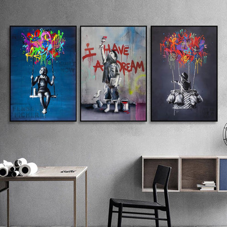 3 Pics Abstract Banksy Street Graffiti Art Canvas Painting Poster And Prints Wall Art Pictures For Bedroom Hoom Decoration Mural