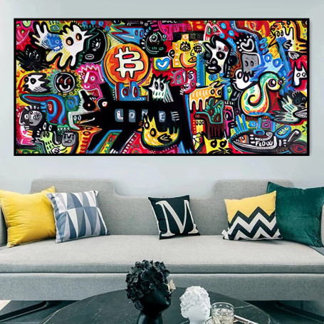 Street Pop Graffiti Art Bitcoin Posters and Prints Canvas Painting Abstract Cartoon Bitcoin Wall Art