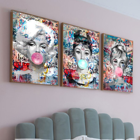 Street Pop Art Poster Famous Fashion Women Blowing Bubbles Graffiti Canvas Painting Marilyn Monroe Hepburn Pictures Mural