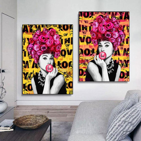 Graffiti Women Rose Head Bubblegum Movie Star Paintings Print on Canvas Pop Wall Art Picture