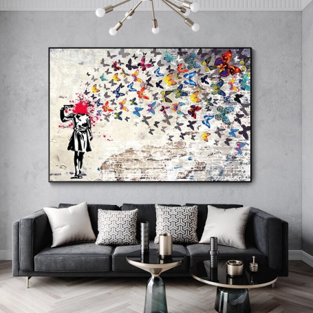 People and Butterflies Graffiti Canvas Painting Living Room Bedroom Wall Art Interior Decoration Painting(No Frame)