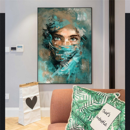 Abstract Woman Portrait With Green Veil Canvas Wall Art Poster And Prints Painting Watercolor Picture