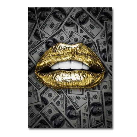 Luxury Wall Decoration Painting Golden Silver Lips Art Canvas Painting Hundred Dollar Money Background Mouth Posters Home Decor