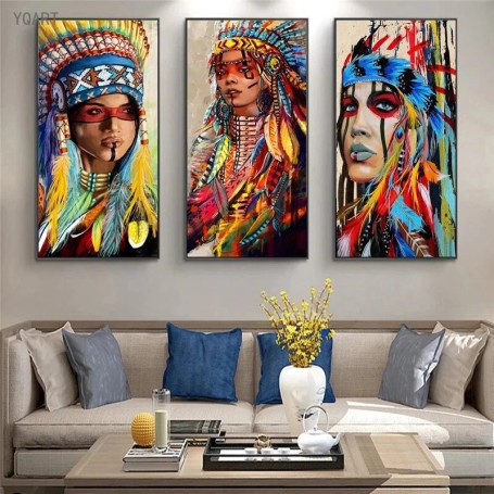Colorful Indian Woman Canvas Art Wall Paintings Portrait of Indian Girl with Feather Posters and Prints for Living Room Decor