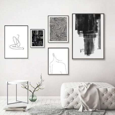 Abstract Stripe Brush Poster Black White Woman Line Art Print Minimal Canvas Painting Modern Wall Picture
