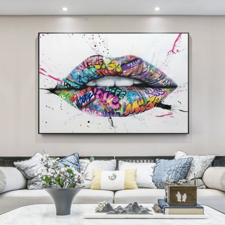 Show Teeth Lips Street Graffiti Art Canvas Painting on The Wall Poster and Print Wall Art Picture for Modern Living Room Decor
