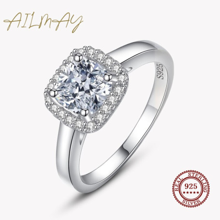 Ailmay 100% Real 925 Sterling Silver Simple Square Clear CZ Charm Rings for Women Minimalist Fine Jewelry New Style Bague
