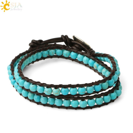 CSJA Green Turquoises Beaded Bracelet Bohemian Bracelets for Women Braided Handmade Jewelry Multilayer Wrap 2 Strands Femme S625