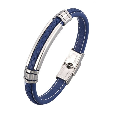 Mens Blue Leather Bracelet Stainless Steel Simple Charm Handmade Bracelet Jewelry Bangle Wristband BB1037