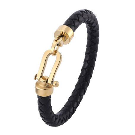 Men's Charm Bracelet Braided Genuine Leather Gold Color Stainless Steel Horseshoe Lobster Clasp Handmade Men's Jewelry BB0760