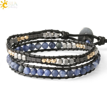 CSJA Leather Wrap Bracelets Natural Stone Hematite Lava Healing Balance Multilayer Mix Beaded Bracelet for Women Jewelry S634