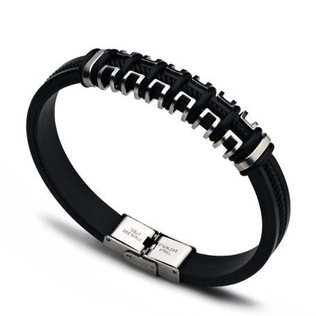 Fashion Jewelry Vintage Black Silicone Cuff Bracelet Charm Jewelry Rubber Stainless Steel Bracelet Men Pulsera Hombre