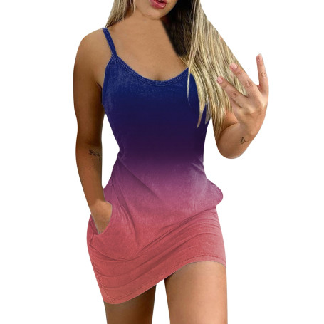 Women Fashion Gradient Mini Sling Dress Sleeveless V Casual Beach Dresses Female Sexy Stylish Women's Streetwear