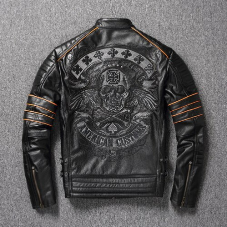 Real Cowhide Coat Genuine Leather Clothes Men's Motorcycle Embroidered Skull Motorcycle Riding Jacket Asian Size 6XL