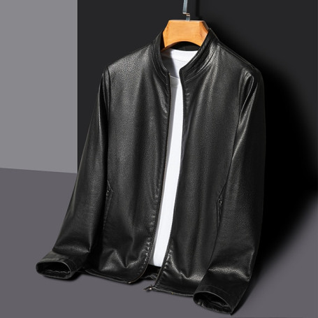 Men's Stand Collar Jacket Natural Leather Thin Section Plus Velvet Fashion Jacket Motorcycle Youth