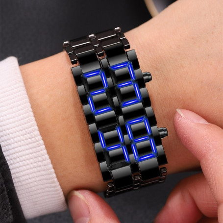 Men Fashion Black Full Metal Digital Lava Wrist Watch Blue LED Display