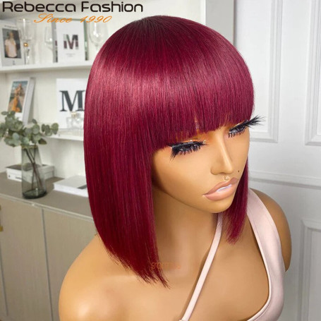 99J Colored Short 180D Straight Brazilian Human Hair Bob Wigs with Bangs Remy Full Machine Made for Women Hightlight Burgundy