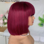 99J Colored Short 180D Straight Brazilian Human Hair Bob Wigs with Bangs Remy Full Machine Made for Women Hightlight Burgundy